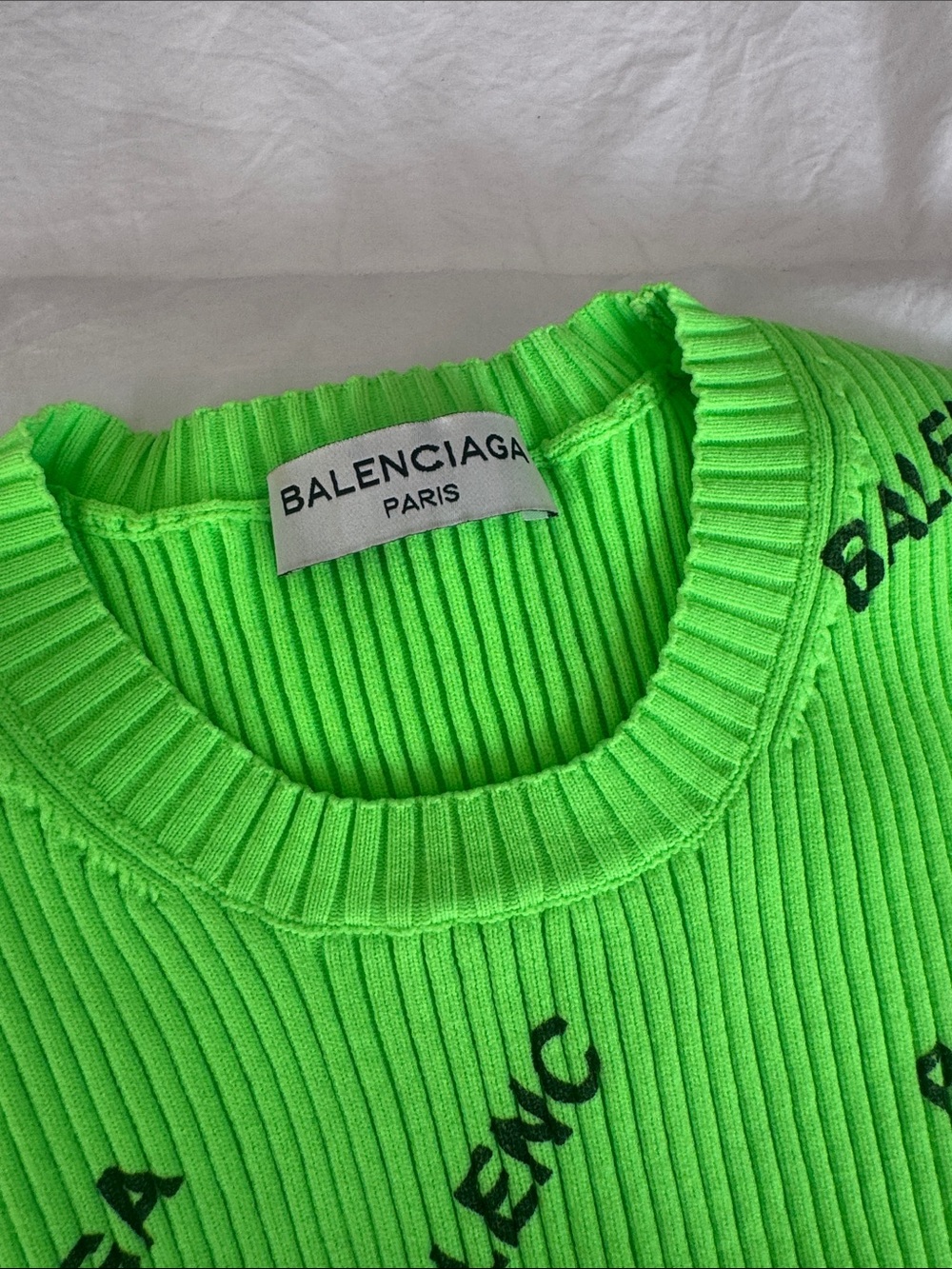 Balenciaga Neon Green Logo Ribbed Crewneck Sweater - Picture 2 of 4